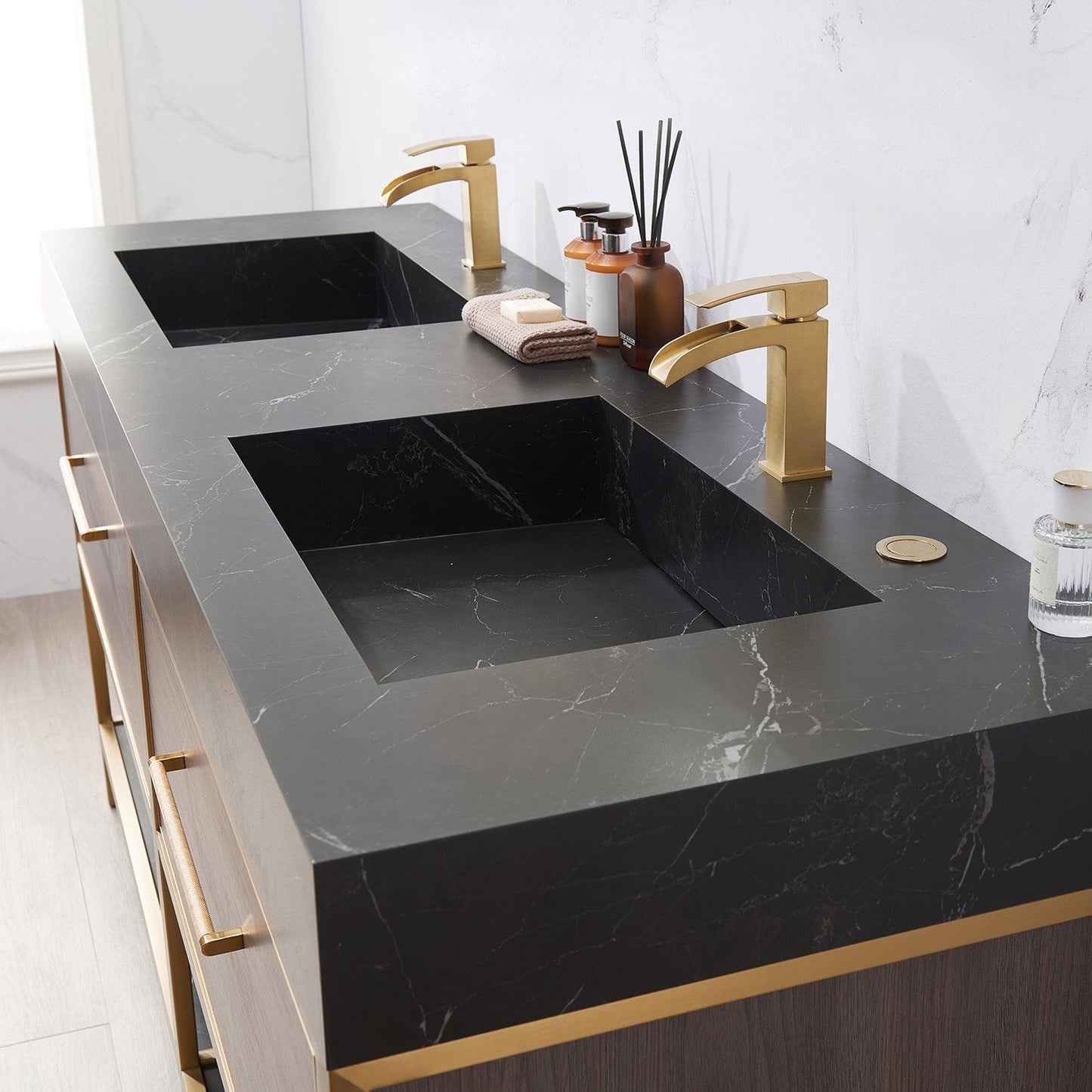 Vinnova Segovia 72" Double Sink Bath Vanity In Suleiman Oak Finish With Black Sintered Stone Top