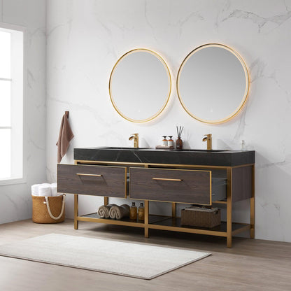 Vinnova Segovia 72" Double Sink Bath Vanity In Suleiman Oak Finish With Black Sintered Stone Top And Mirror