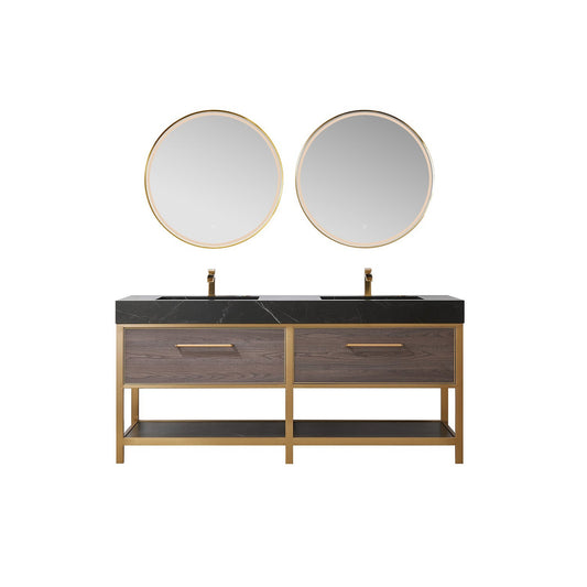 Vinnova Segovia 72" Double Sink Bath Vanity In Suleiman Oak Finish With Black Sintered Stone Top And Mirror