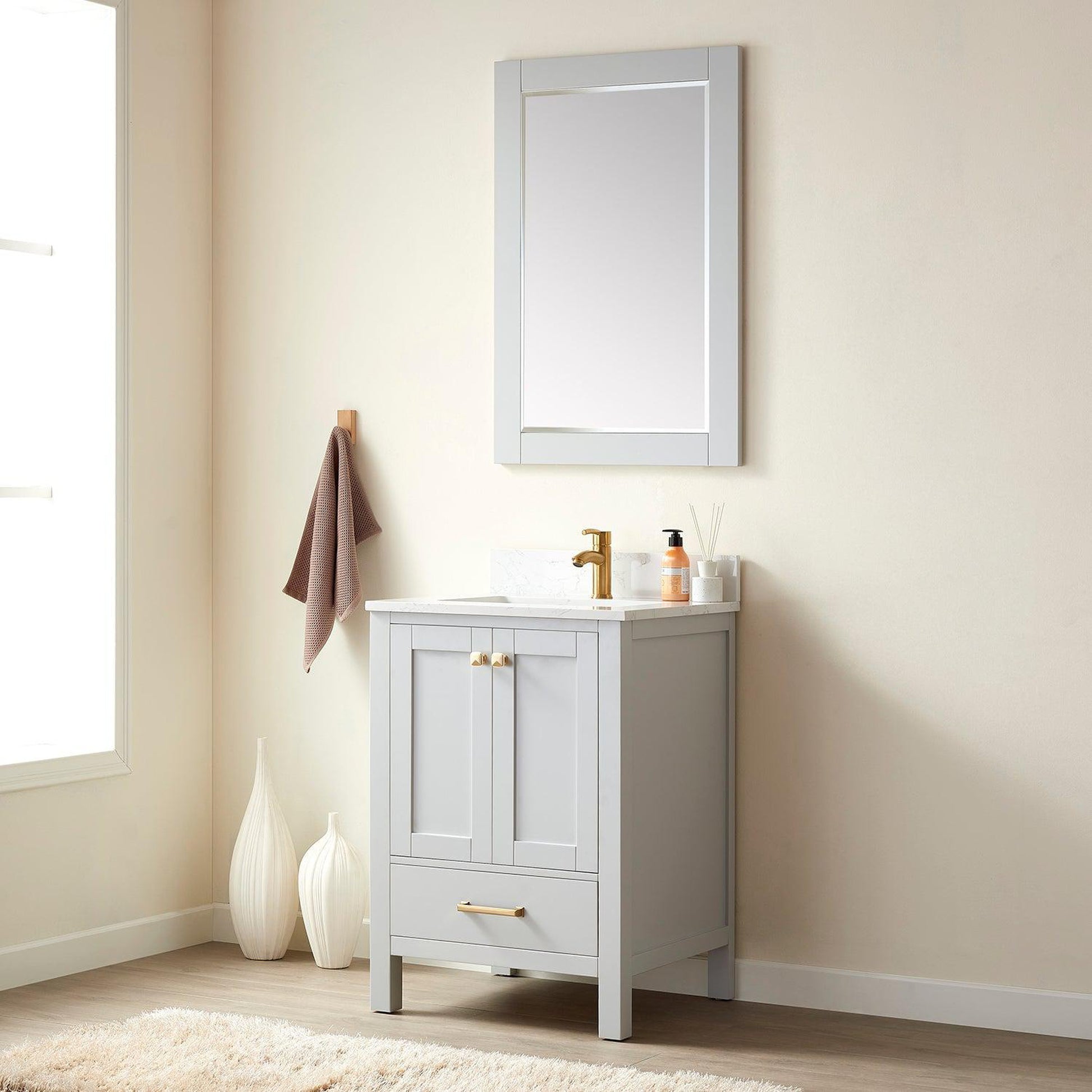 Vinnova Shannon 24" Single Vanity In Paris Grey And Composite Carrara White Stone Countertop And Mirror