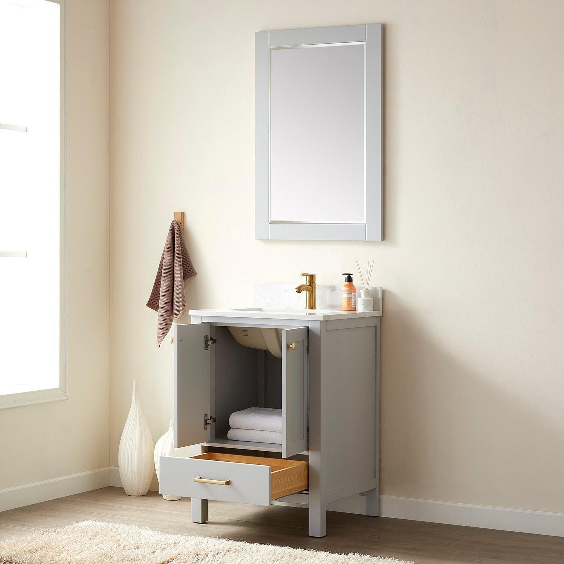 Vinnova Shannon 24" Single Vanity In Paris Grey And Composite Carrara White Stone Countertop And Mirror