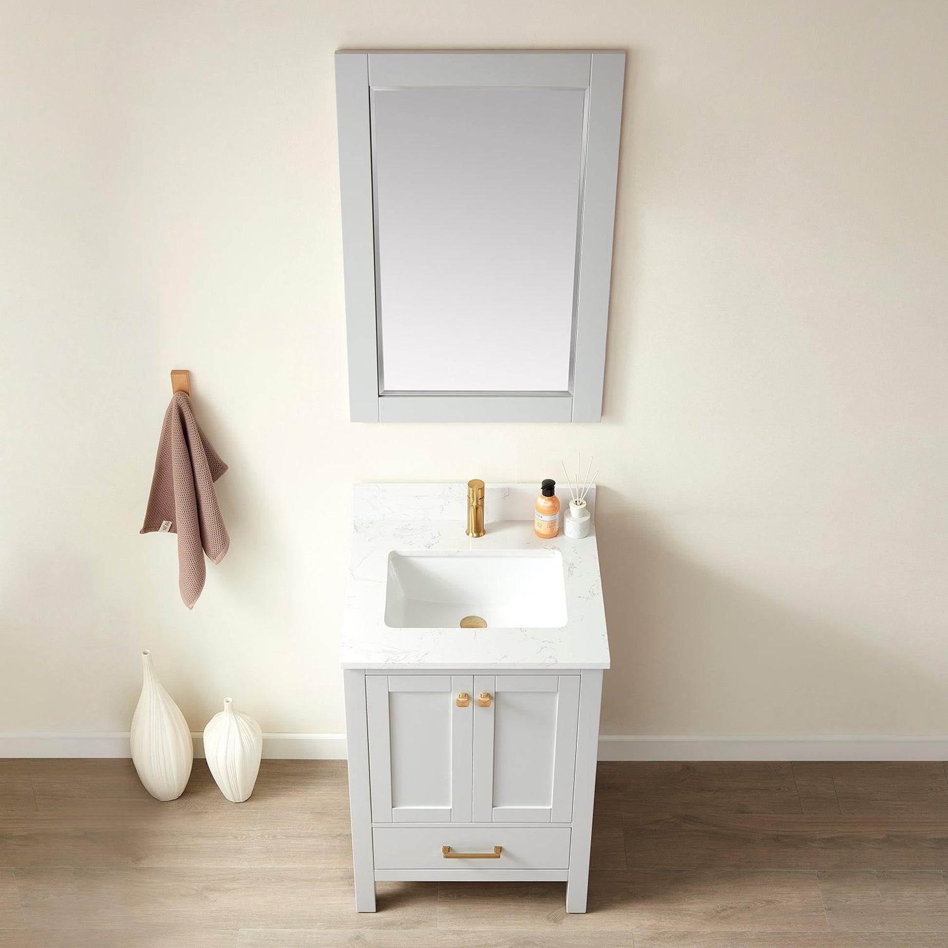 Vinnova Shannon 24" Single Vanity In Paris Grey And Composite Carrara White Stone Countertop And Mirror