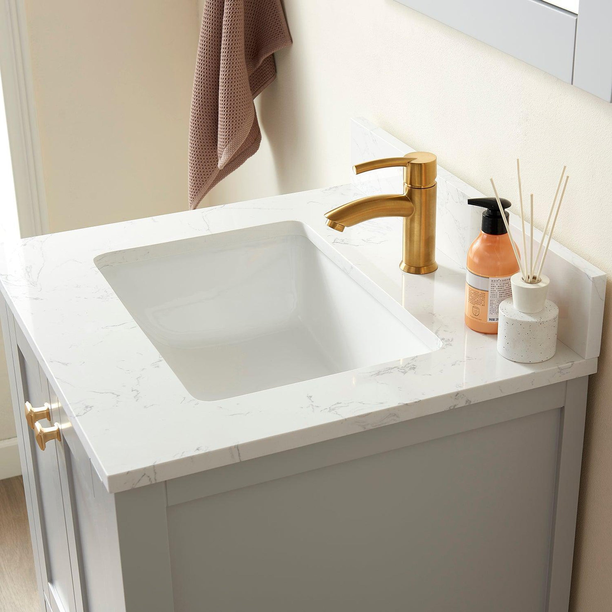 Vinnova Shannon 24" Single Vanity In Paris Grey And Composite Carrara White Stone Countertop And Mirror