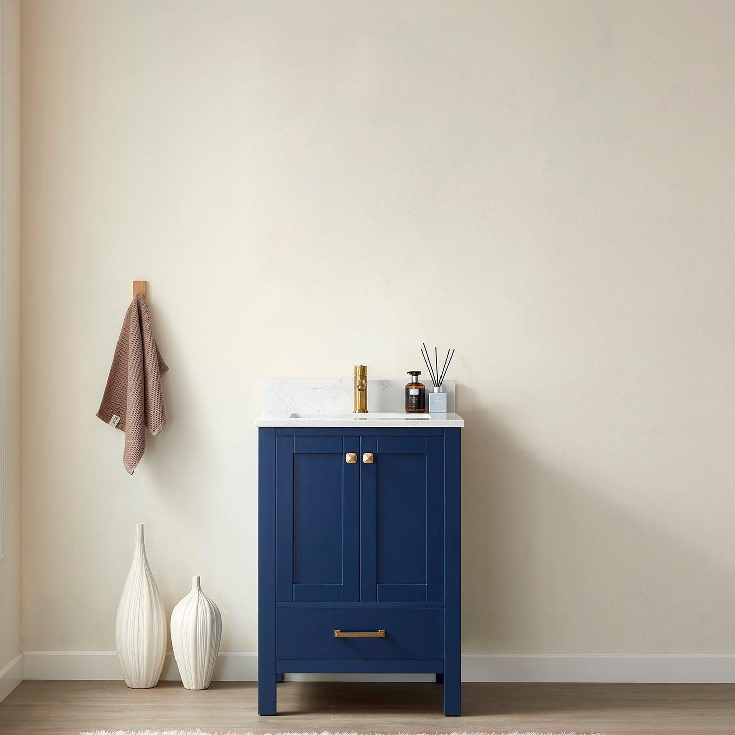 Vinnova Shannon 24" Single Vanity In Royal Blue And Composite Carrara White Stone Countertop