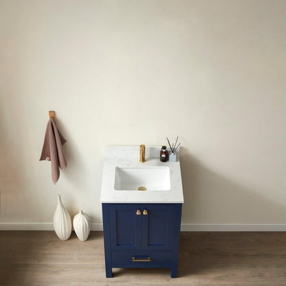 Vinnova Shannon 24" Single Vanity In Royal Blue And Composite Carrara White Stone Countertop