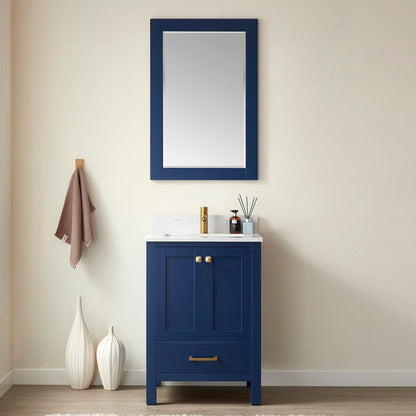 Vinnova Shannon 24" Single Vanity In Royal Blue And Composite Carrara White Stone Countertop And Mirror