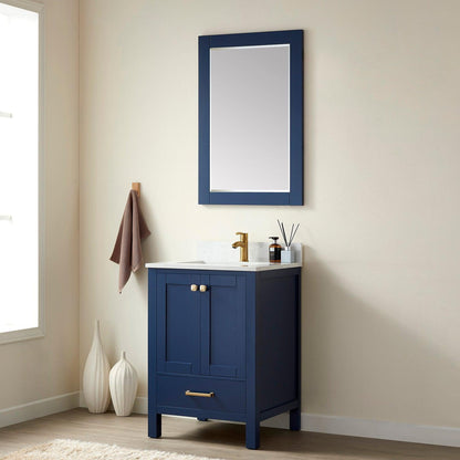 Vinnova Shannon 24" Single Vanity In Royal Blue And Composite Carrara White Stone Countertop And Mirror