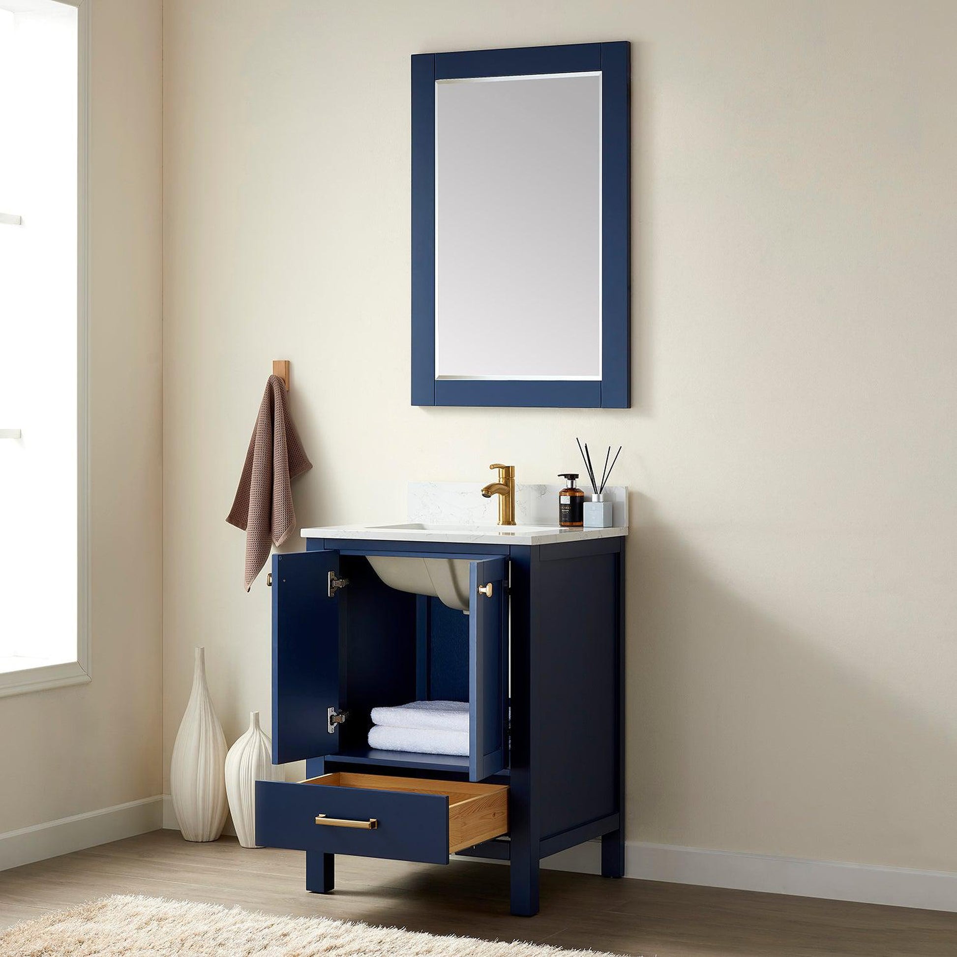 Vinnova Shannon 24" Single Vanity In Royal Blue And Composite Carrara White Stone Countertop And Mirror