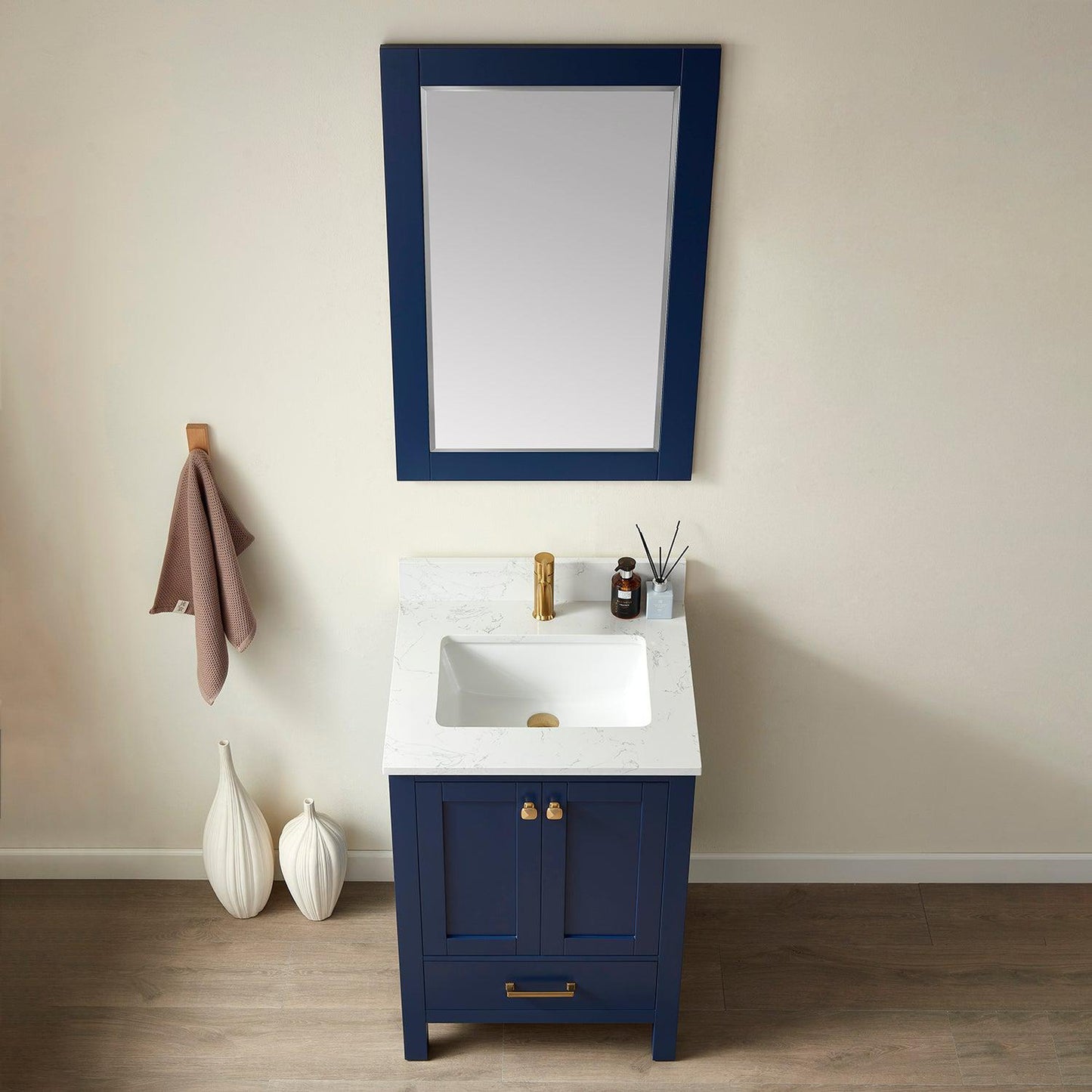 Vinnova Shannon 24" Single Vanity In Royal Blue And Composite Carrara White Stone Countertop And Mirror