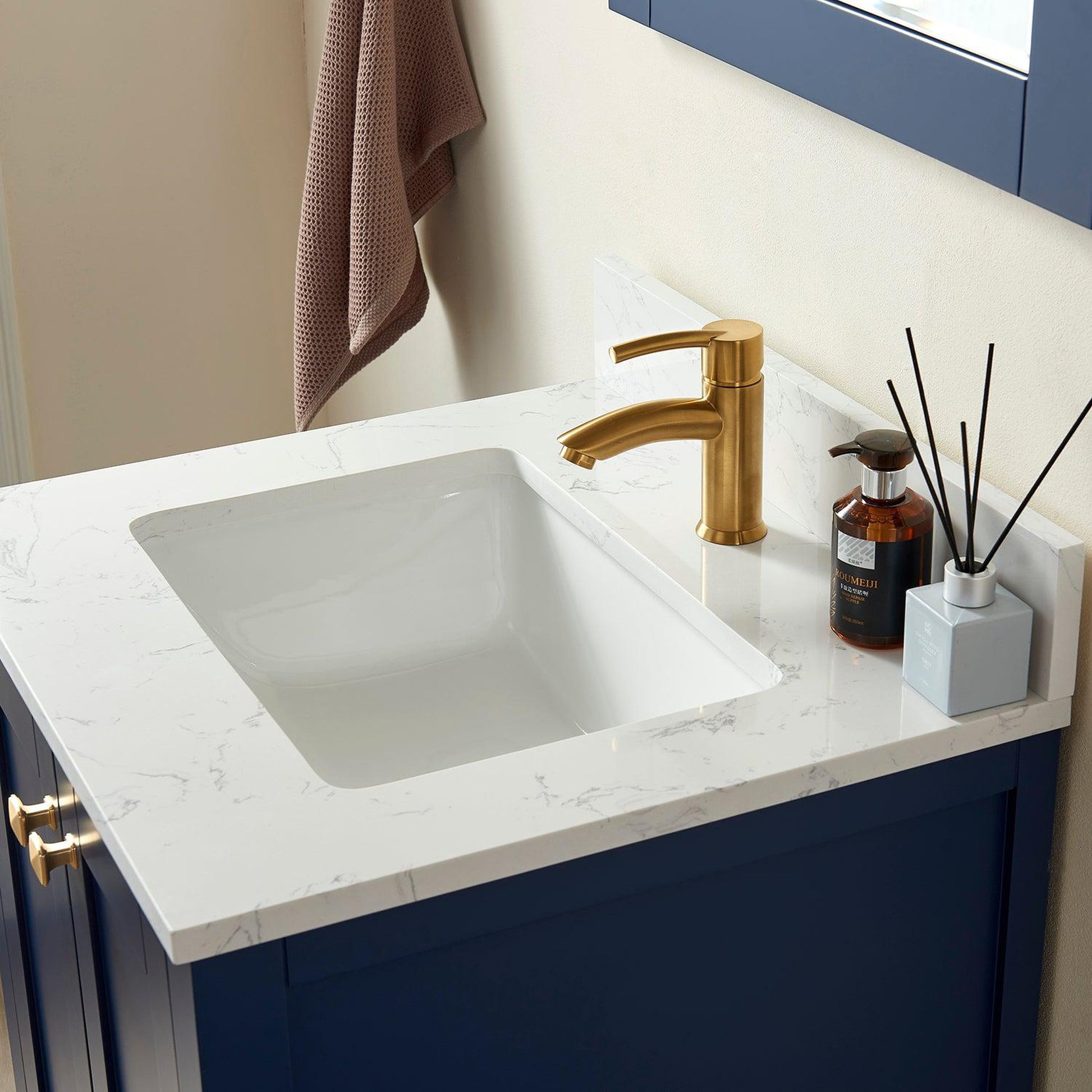 Vinnova Shannon 24" Single Vanity In Royal Blue And Composite Carrara White Stone Countertop And Mirror