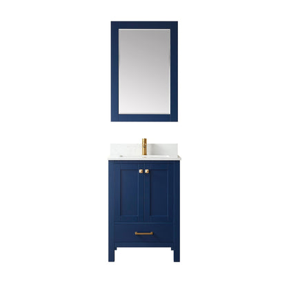 Vinnova Shannon 24" Single Vanity In Royal Blue And Composite Carrara White Stone Countertop And Mirror