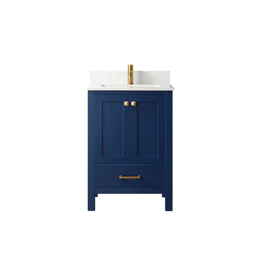 Vinnova Shannon 24" Single Vanity In Royal Blue And Composite Carrara White Stone Countertop