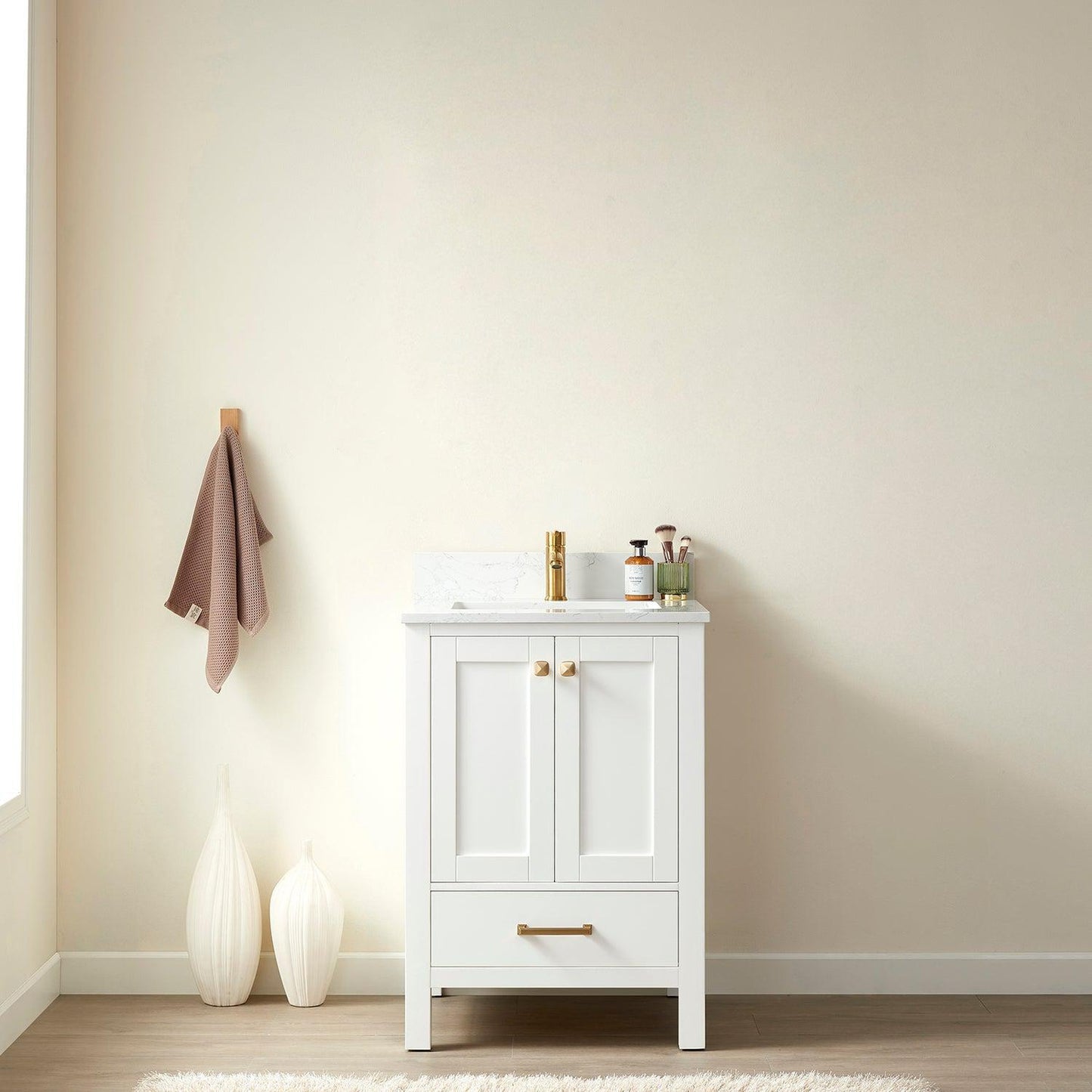 Vinnova Shannon 24" Single Vanity In White And Composite White Carrara Stone Countertop