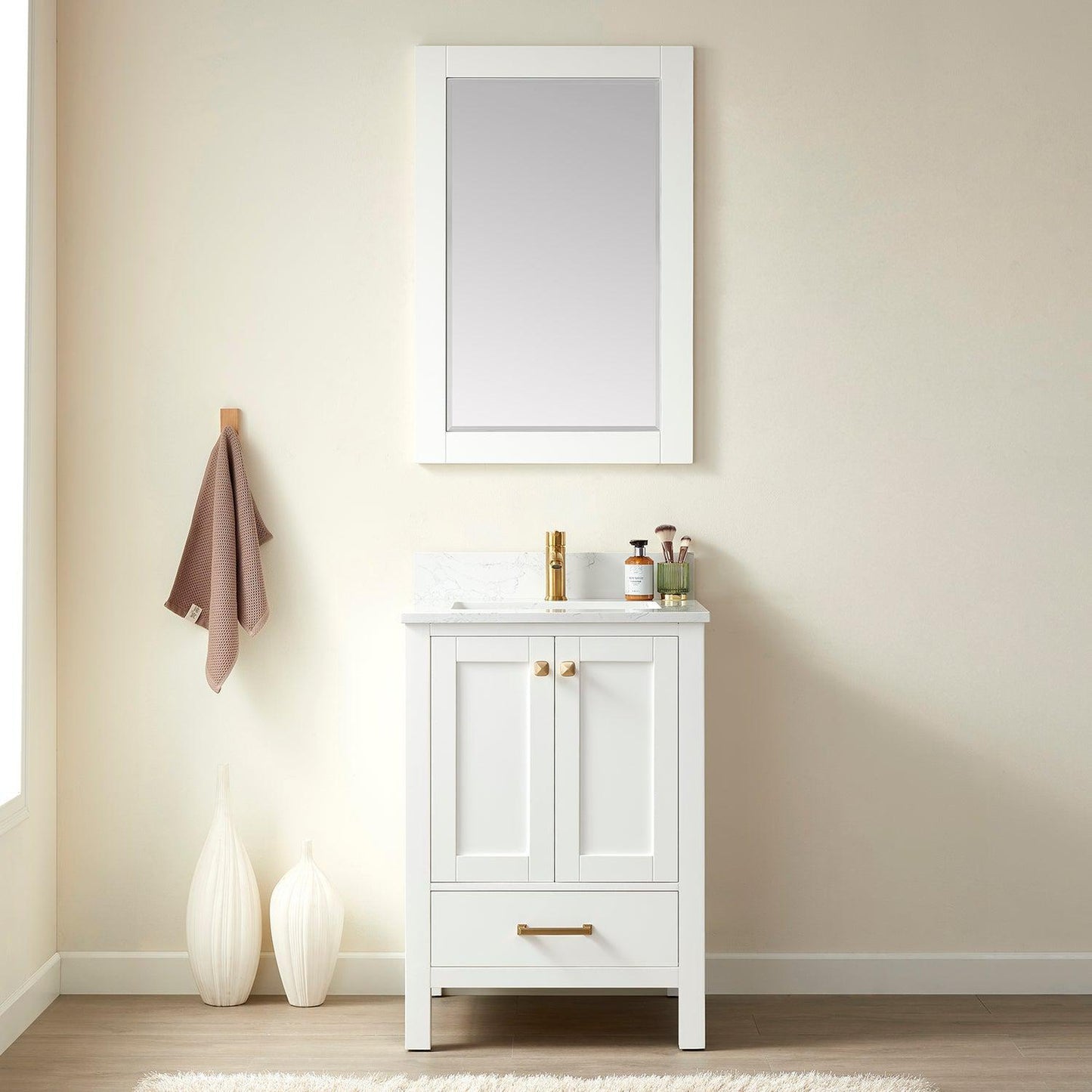 Vinnova Shannon 24" Single Vanity In White And Composite White Carrara Stone Countertop And Mirror