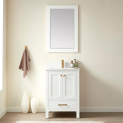 Vinnova Shannon 24" Single Vanity In White And Composite White Carrara Stone Countertop And Mirror