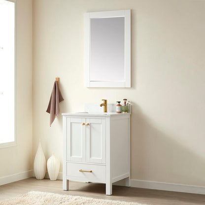 Vinnova Shannon 24" Single Vanity In White And Composite White Carrara Stone Countertop And Mirror