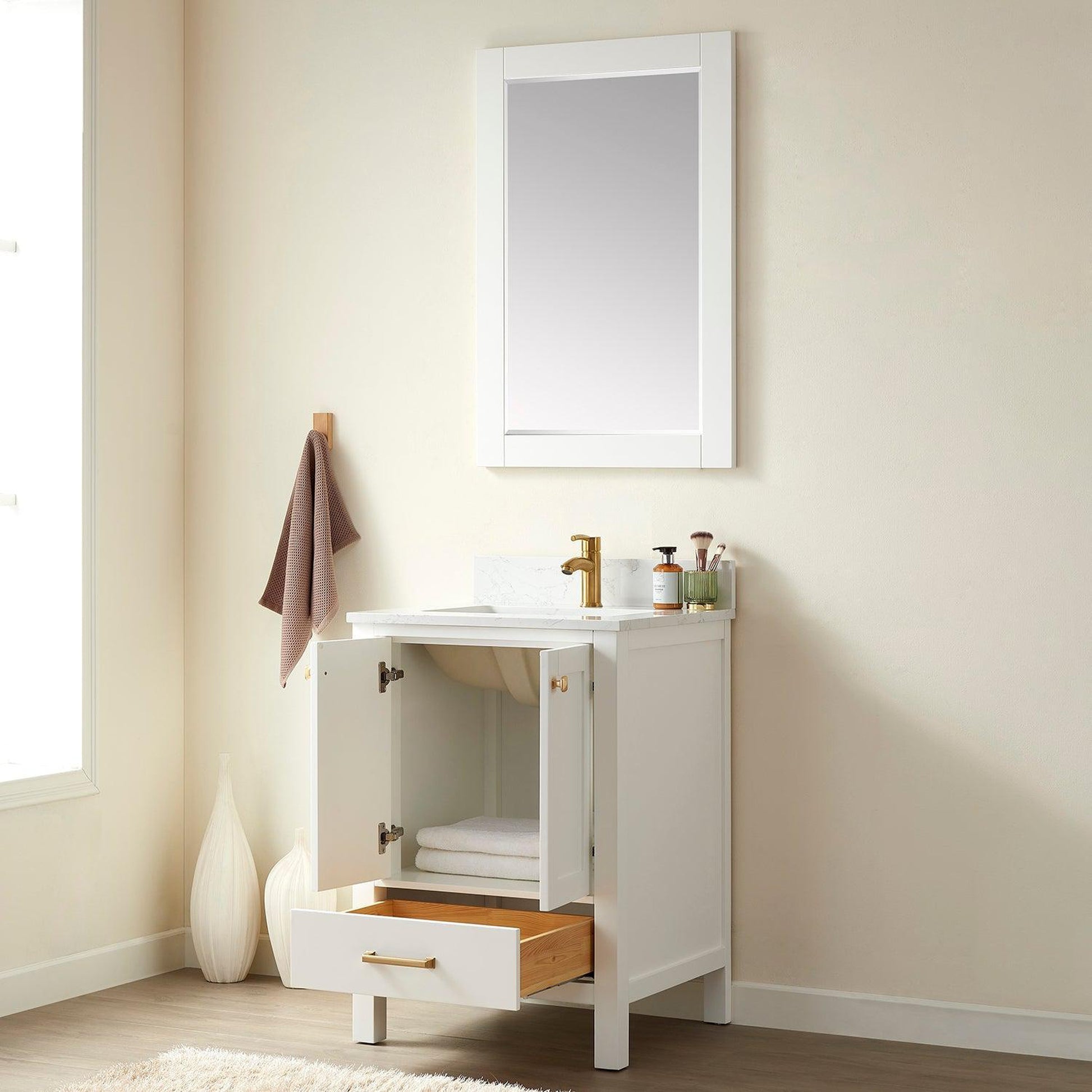 Vinnova Shannon 24" Single Vanity In White And Composite White Carrara Stone Countertop And Mirror