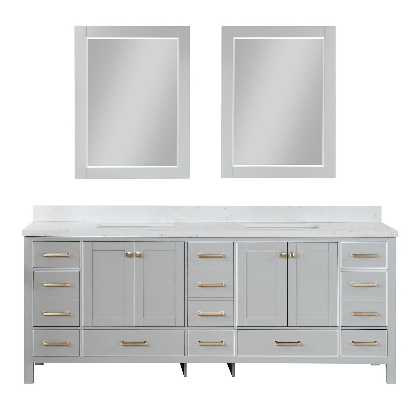 Vinnova Shannon 84" Double Vanity In Paris Grey And Composite Carrara White Stone Countertop And Mirror