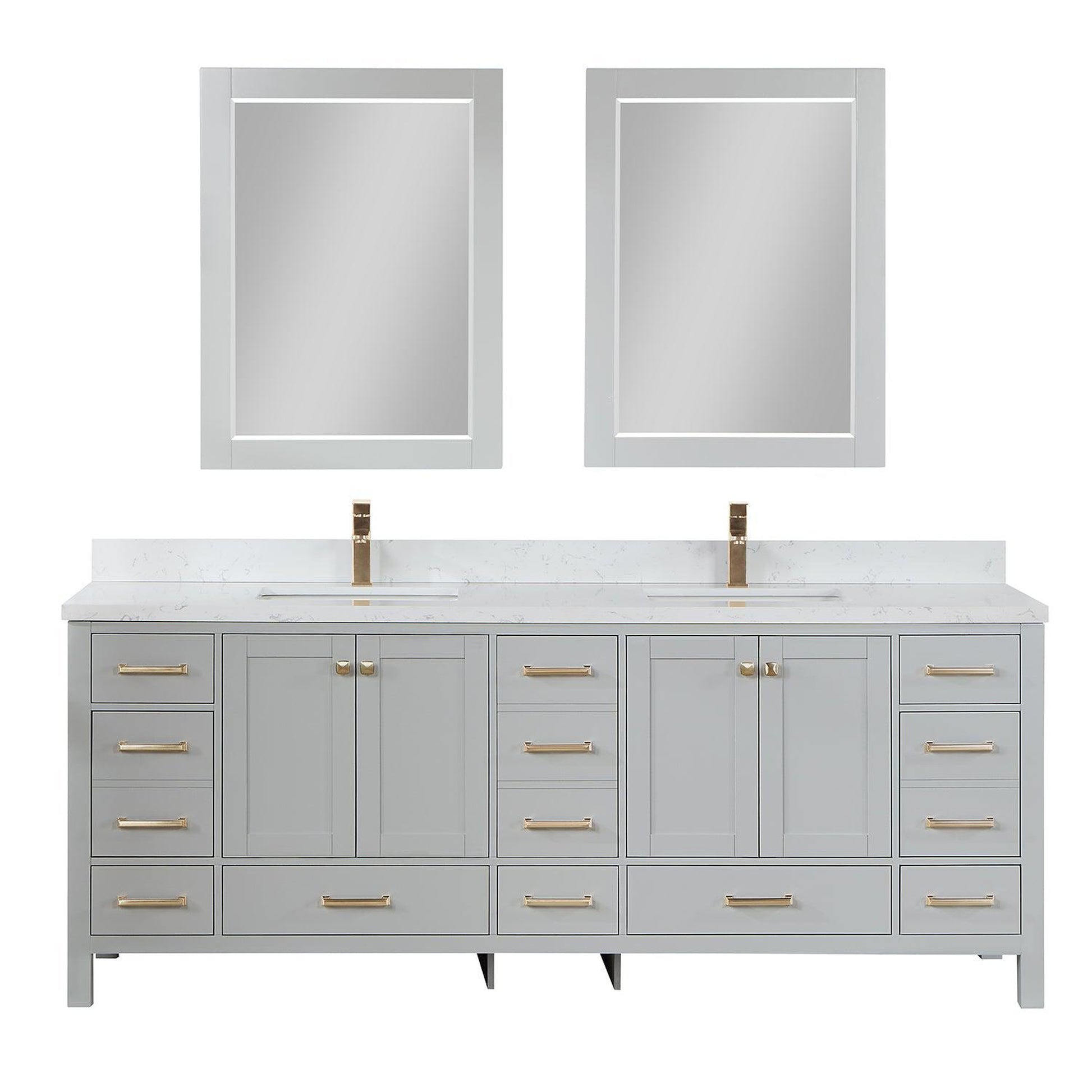 Vinnova Shannon 84" Double Vanity In Paris Grey And Composite Carrara White Stone Countertop And Mirror