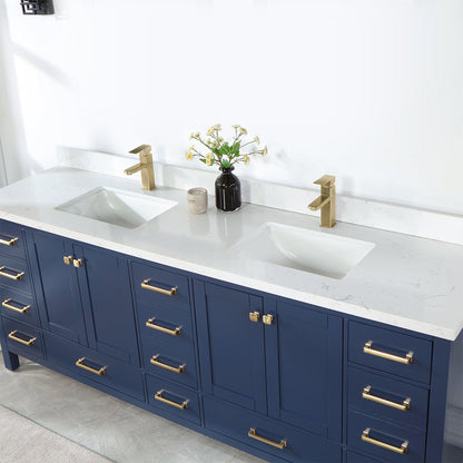 Vinnova Shannon 84" Double Vanity In Royal Blue And Composite Carrara White Stone Countertop