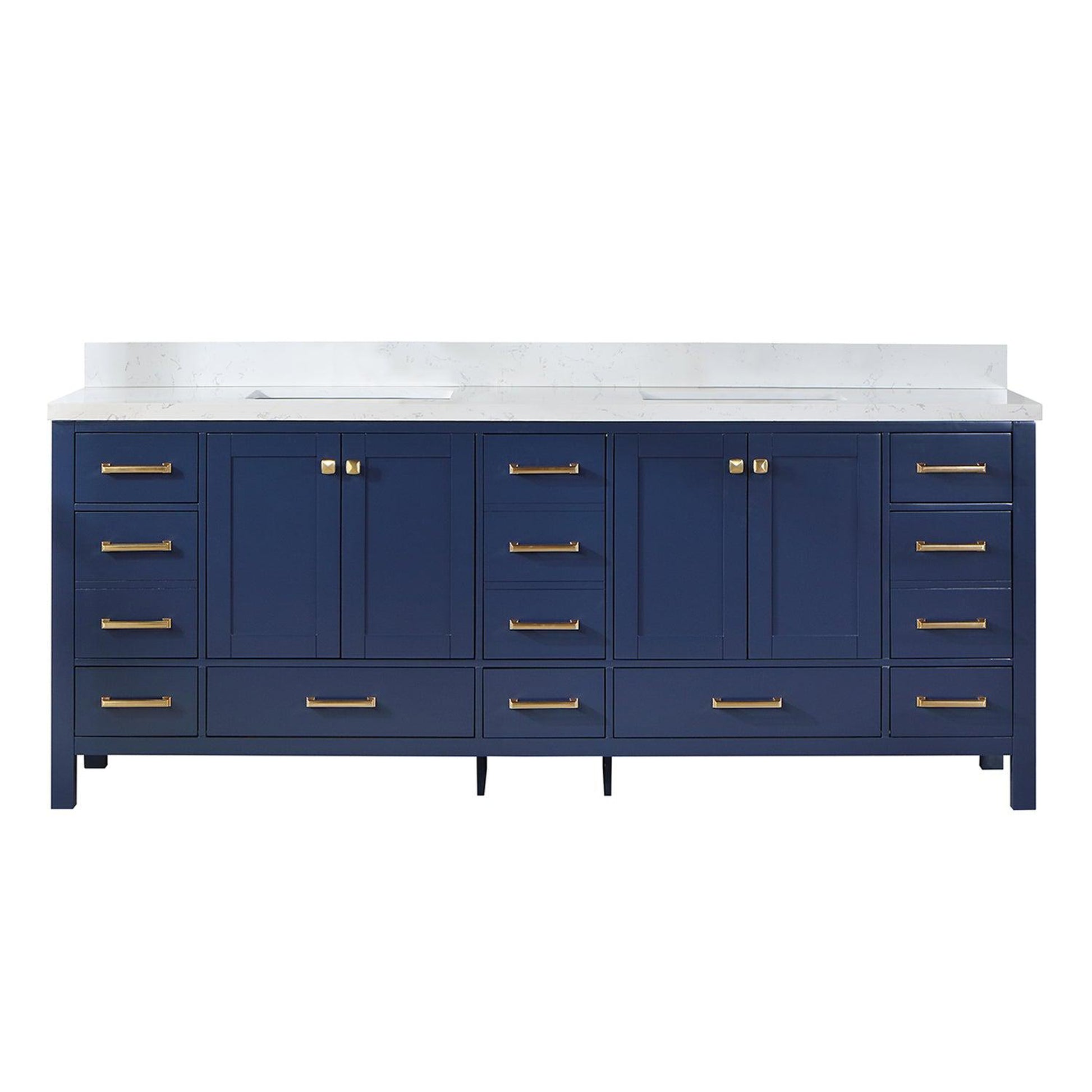 Vinnova Shannon 84" Double Vanity In Royal Blue And Composite Carrara White Stone Countertop