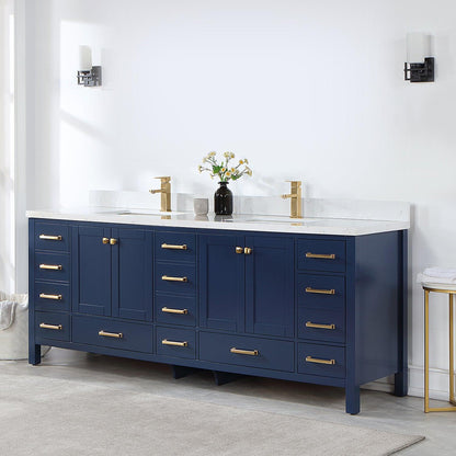 Vinnova Shannon 84" Double Vanity In Royal Blue And Composite Carrara White Stone Countertop