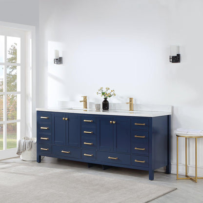 Vinnova Shannon 84" Double Vanity In Royal Blue And Composite Carrara White Stone Countertop