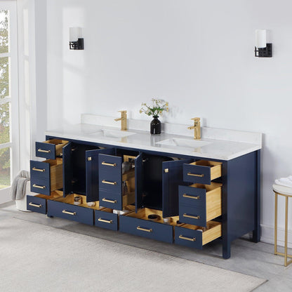 Vinnova Shannon 84" Double Vanity In Royal Blue And Composite Carrara White Stone Countertop