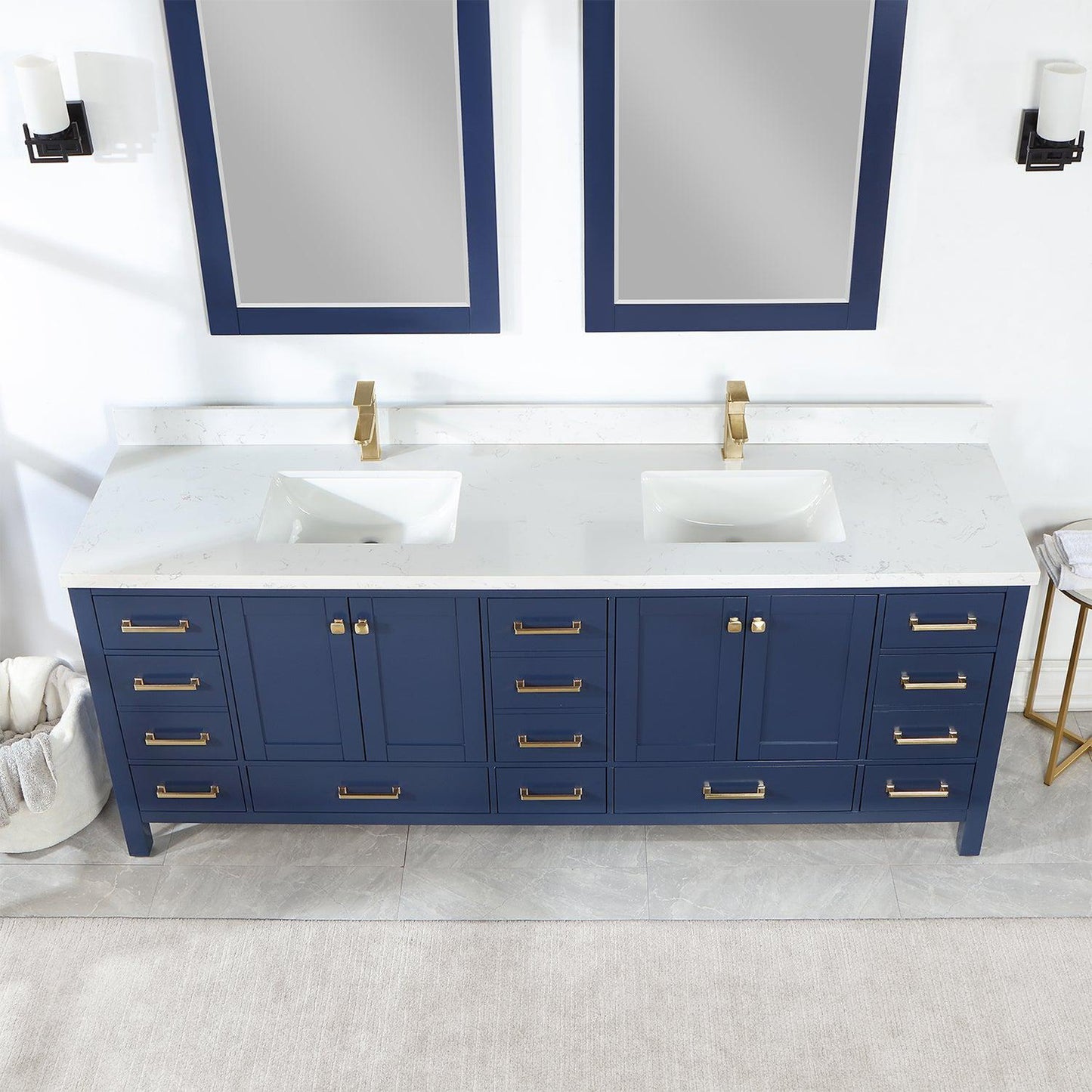 Vinnova Shannon 84" Double Vanity In Royal Blue And Composite Carrara White Stone Countertop And Mirror