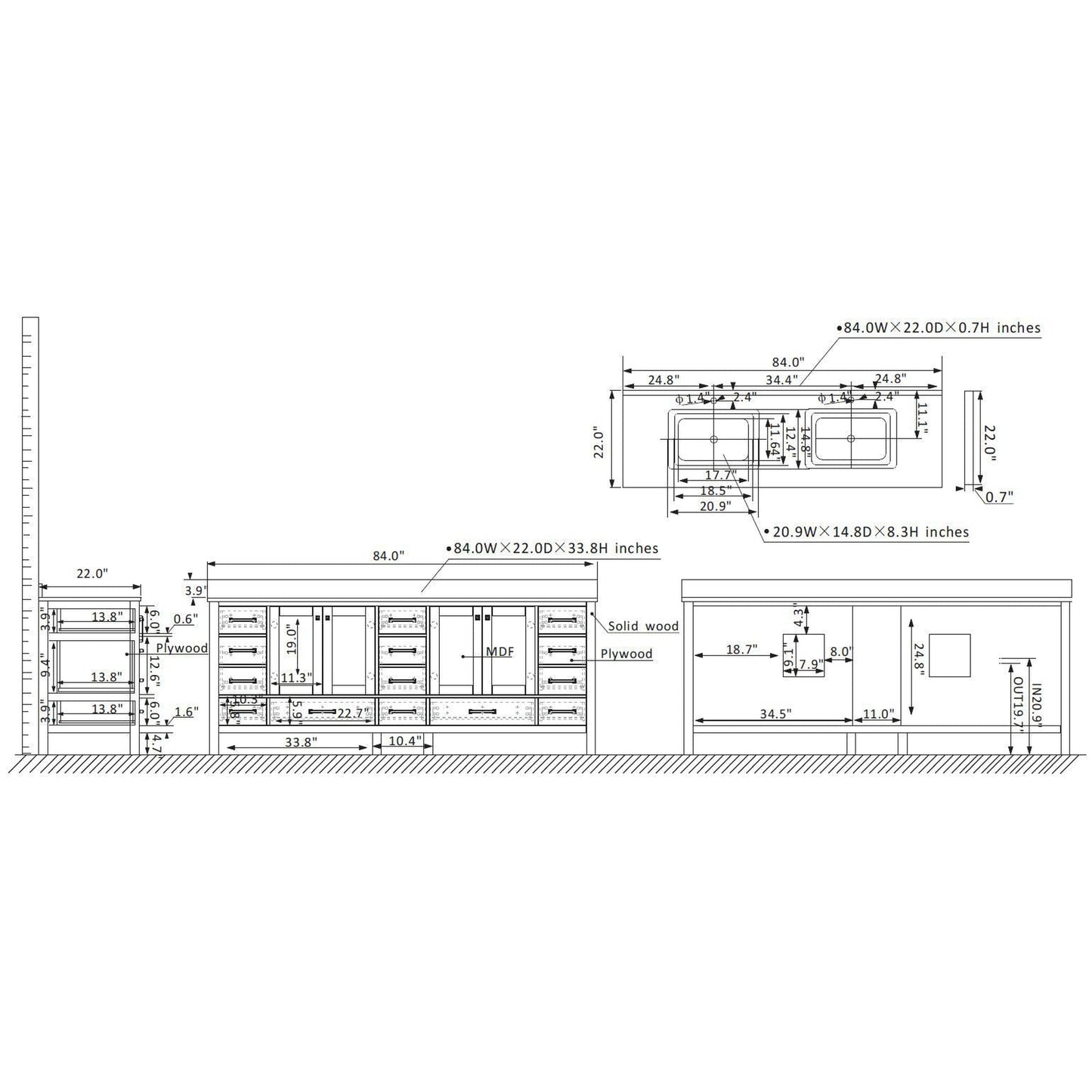 Vinnova Shannon 84" Double Vanity In White And Composite Carrara White Stone Countertop