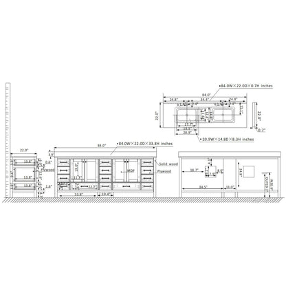 Vinnova Shannon 84" Double Vanity In White And Composite Carrara White Stone Countertop