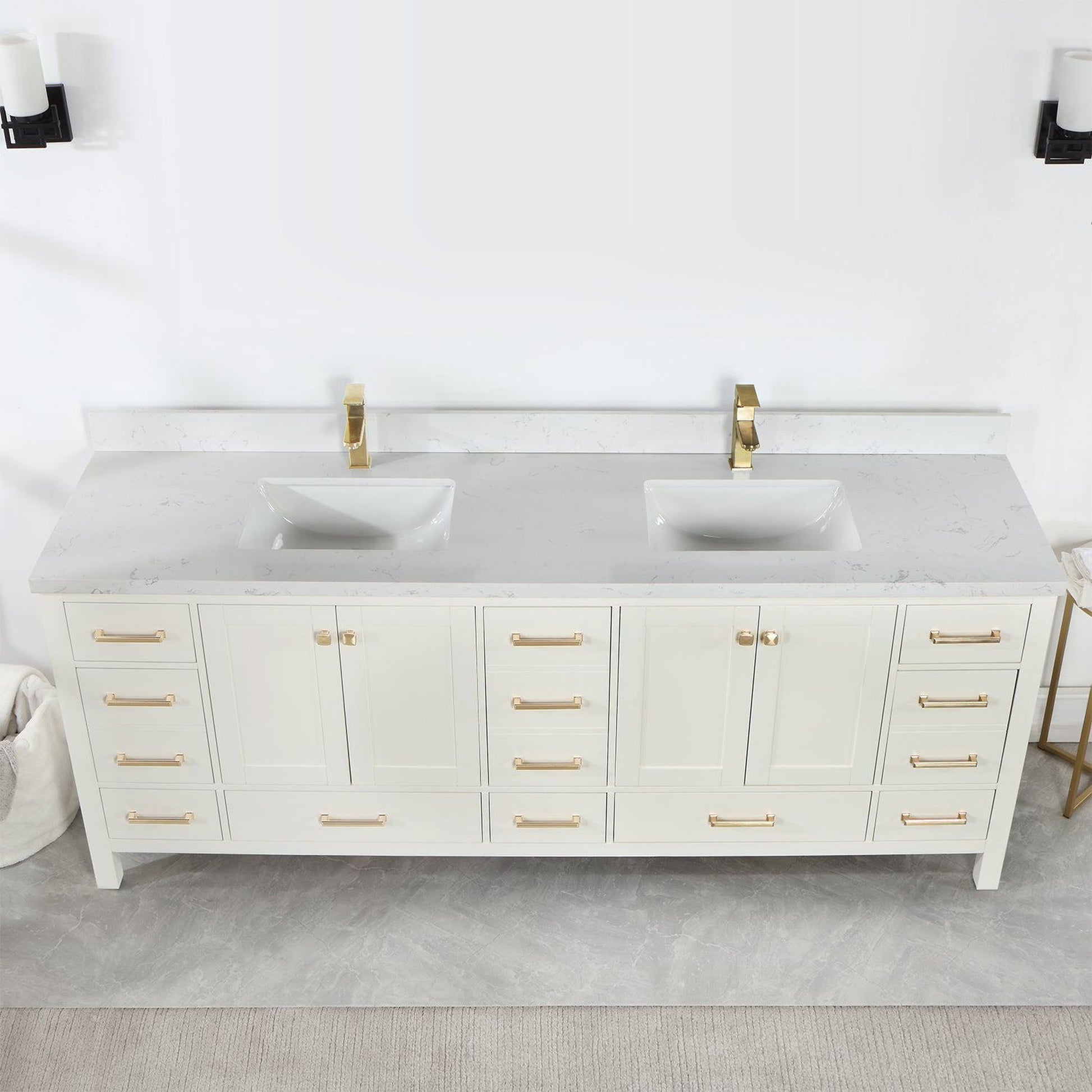 Vinnova Shannon 84" Double Vanity In White And Composite Carrara White Stone Countertop