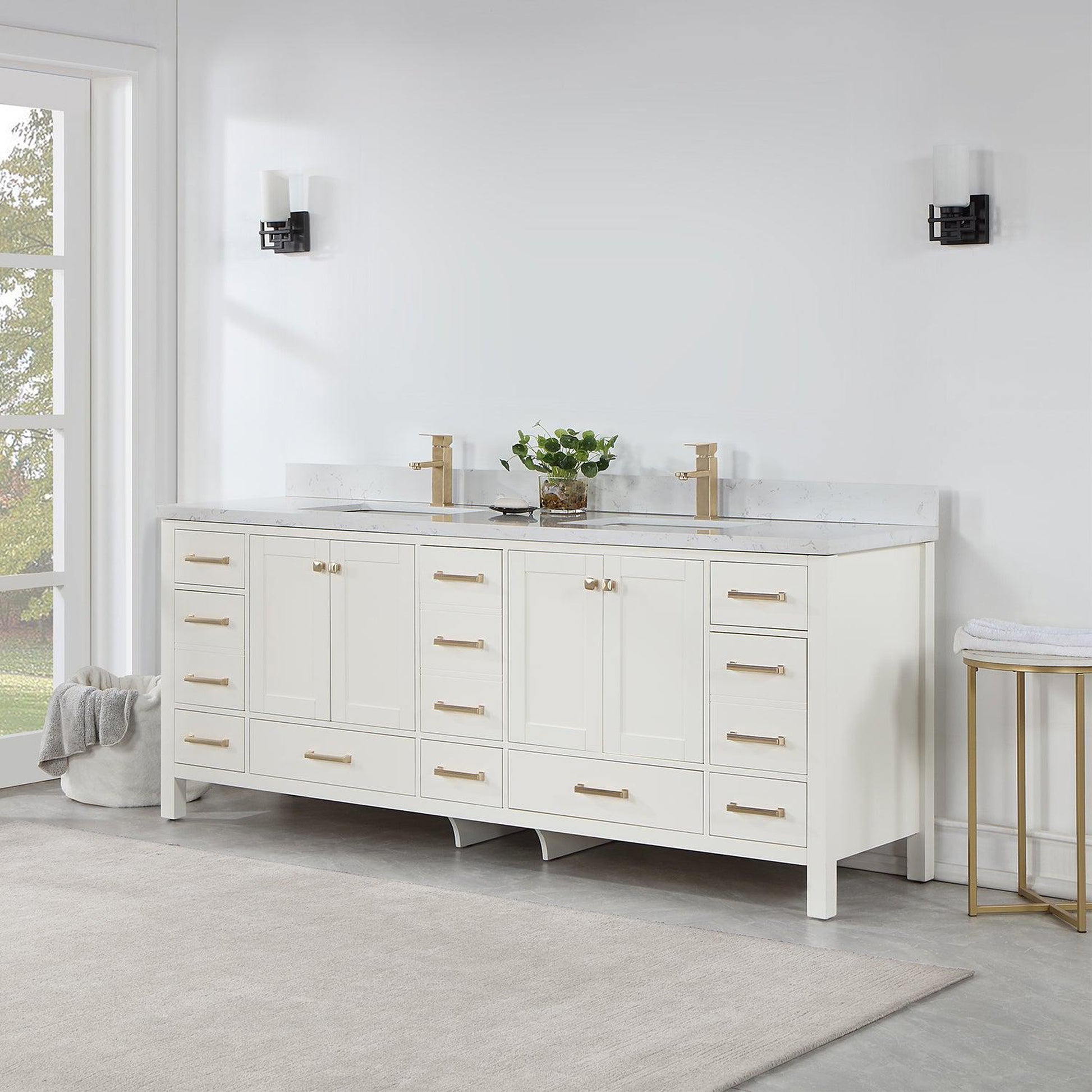 Vinnova Shannon 84" Double Vanity In White And Composite Carrara White Stone Countertop