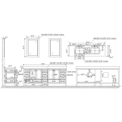 Vinnova Shannon 84" Double Vanity In White And Composite Carrara White Stone Countertop And Mirror