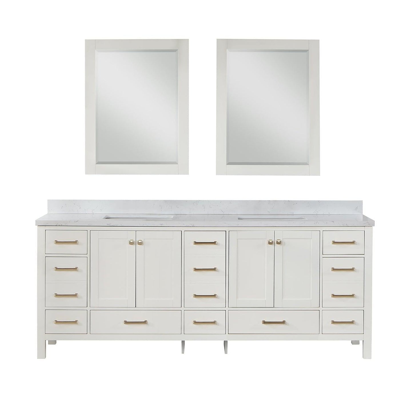 Vinnova Shannon 84" Double Vanity In White And Composite Carrara White Stone Countertop And Mirror