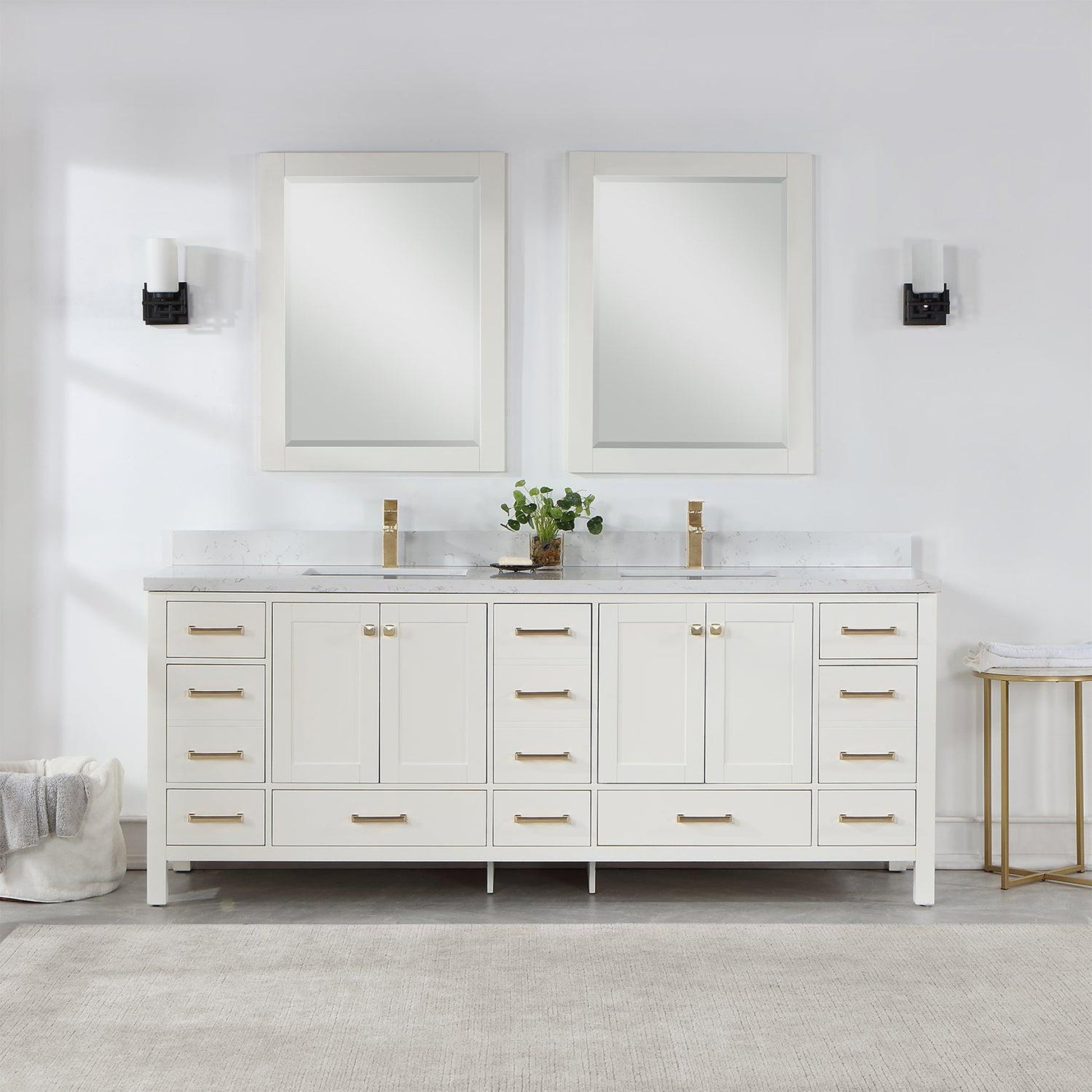 Vinnova Shannon 84" Double Vanity In White And Composite Carrara White Stone Countertop And Mirror