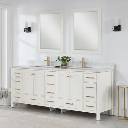 Vinnova Shannon 84" Double Vanity In White And Composite Carrara White Stone Countertop And Mirror