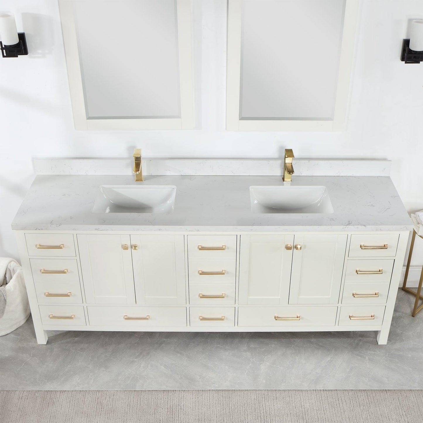 Vinnova Shannon 84" Double Vanity In White And Composite Carrara White Stone Countertop And Mirror