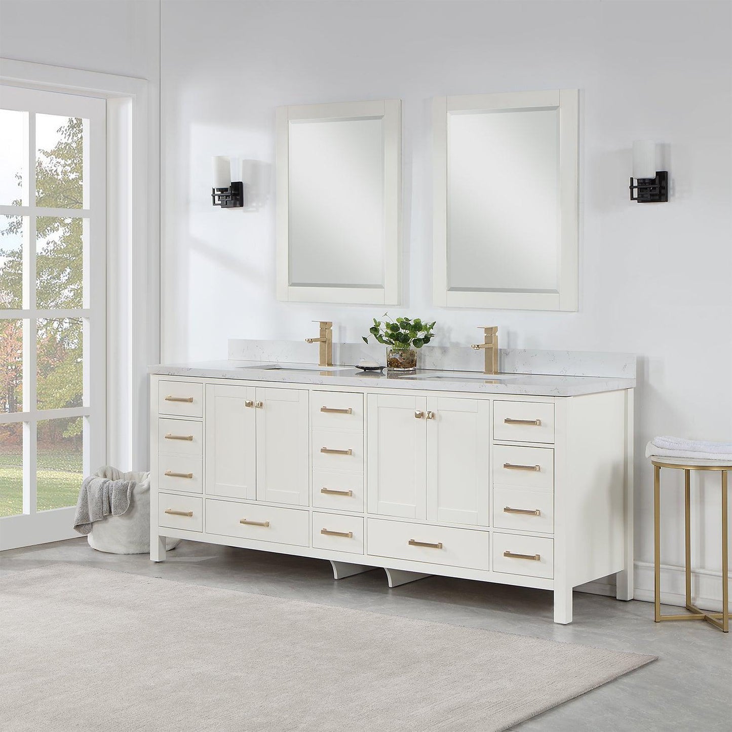 Vinnova Shannon 84" Double Vanity In White And Composite Carrara White Stone Countertop And Mirror