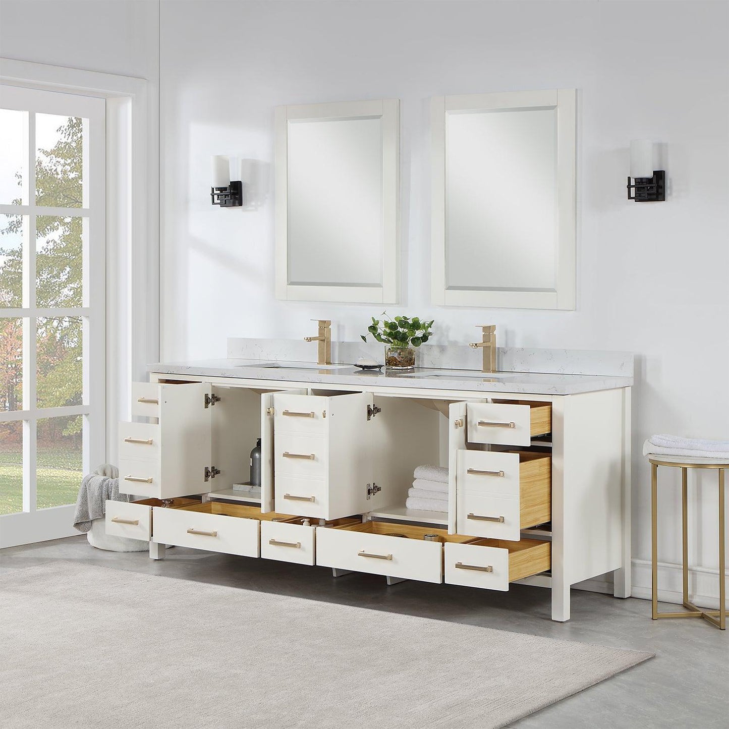 Vinnova Shannon 84" Double Vanity In White And Composite Carrara White Stone Countertop And Mirror