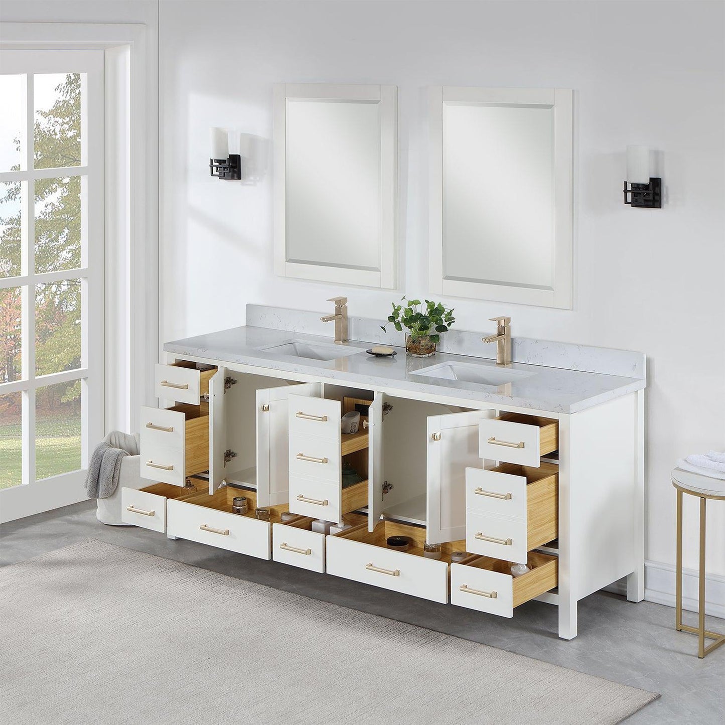 Vinnova Shannon 84" Double Vanity In White And Composite Carrara White Stone Countertop And Mirror