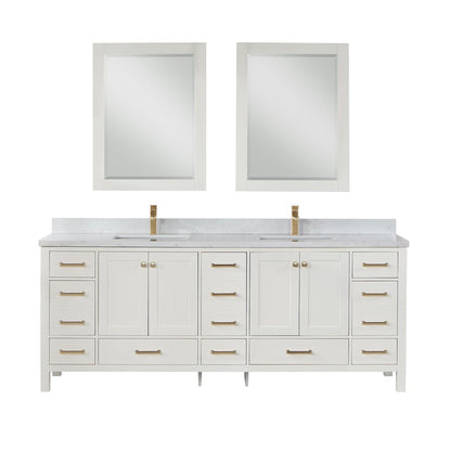 Vinnova Shannon 84" Double Vanity In White And Composite Carrara White Stone Countertop And Mirror