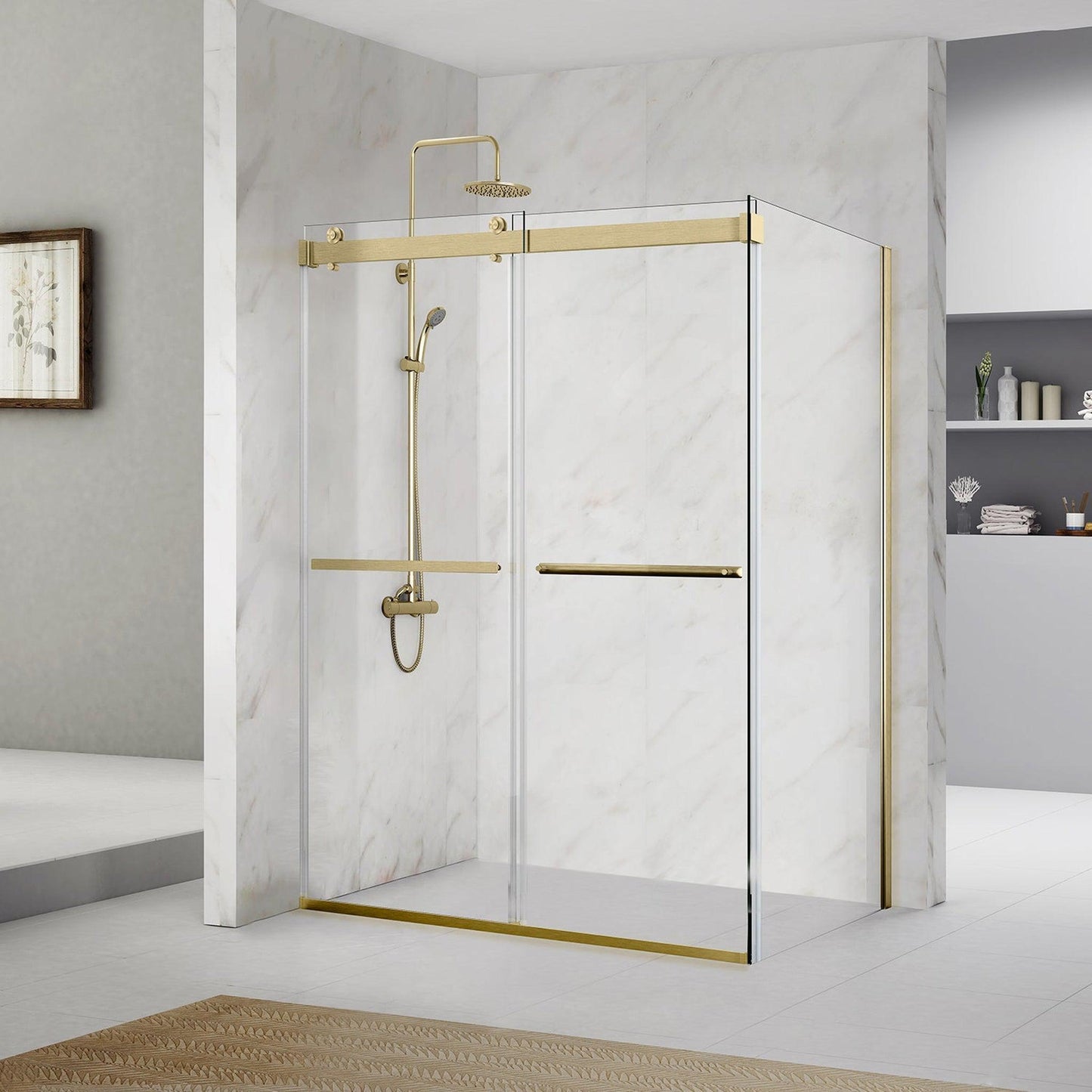 Vinnova Spezia 64" x 76" Rectangle Double Sliding Frameless Shower Enclosure in Brushed Gold Finish