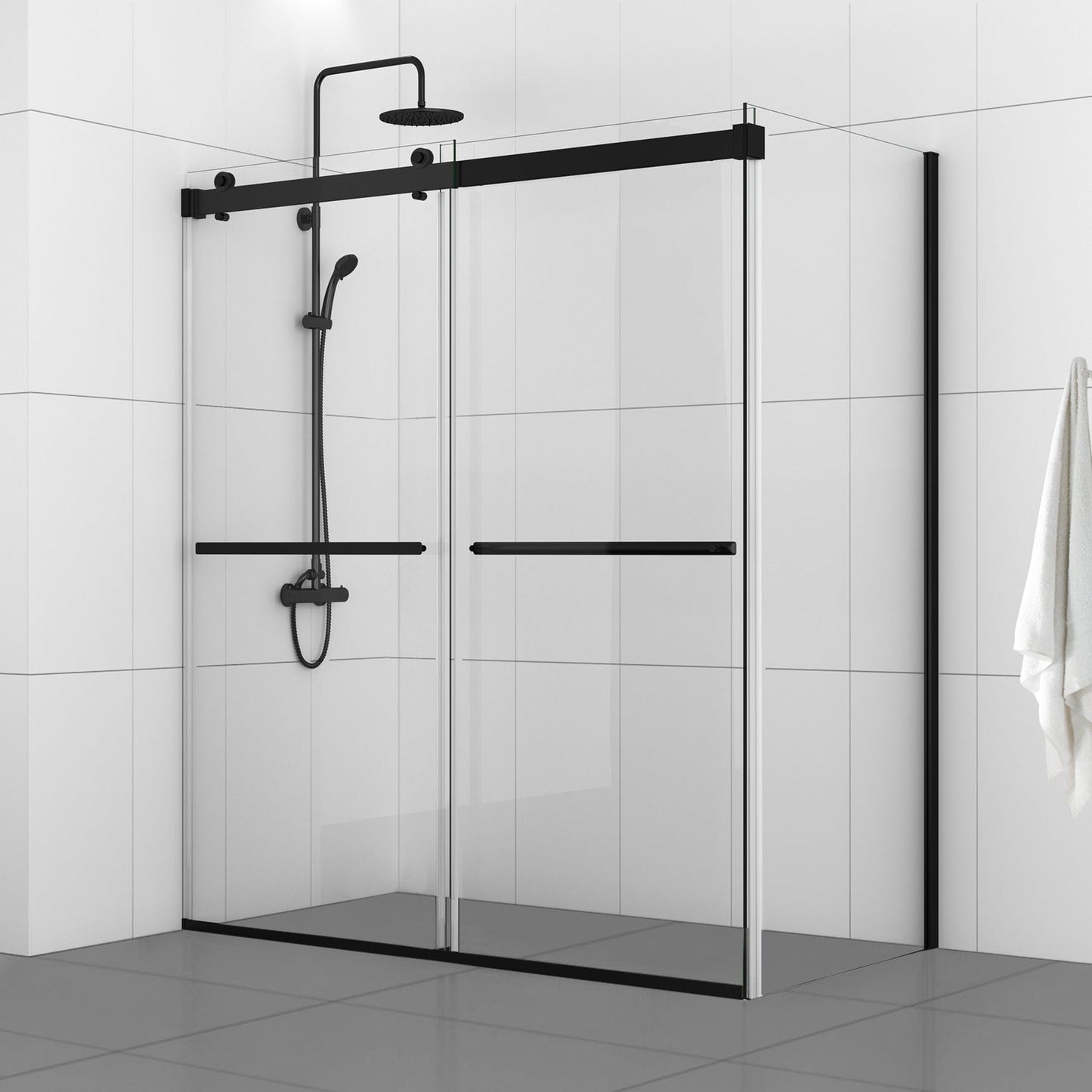 Vinnova Spezia 64" x 76" Rectangle Double Sliding Frameless Shower Enclosure in Matte Black Finish