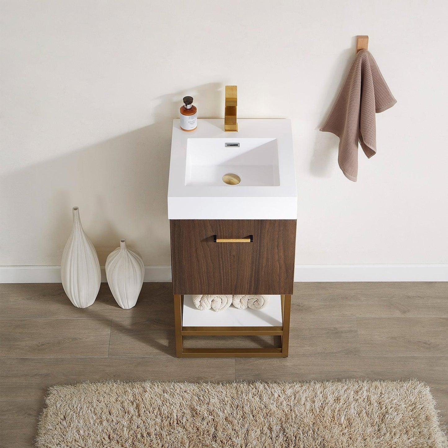 Vinnova Toledo 18" Single Sink Bath Vanity In Dark Walnut Finish With White Composite Integral Square Sink Top