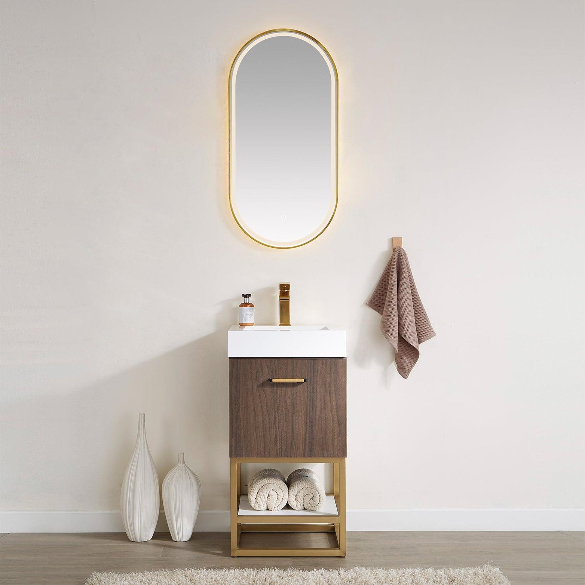 Vinnova Toledo 18" Single Sink Bath Vanity In Dark Walnut Finish With White Composite Integral Square Sink Top And Mirror