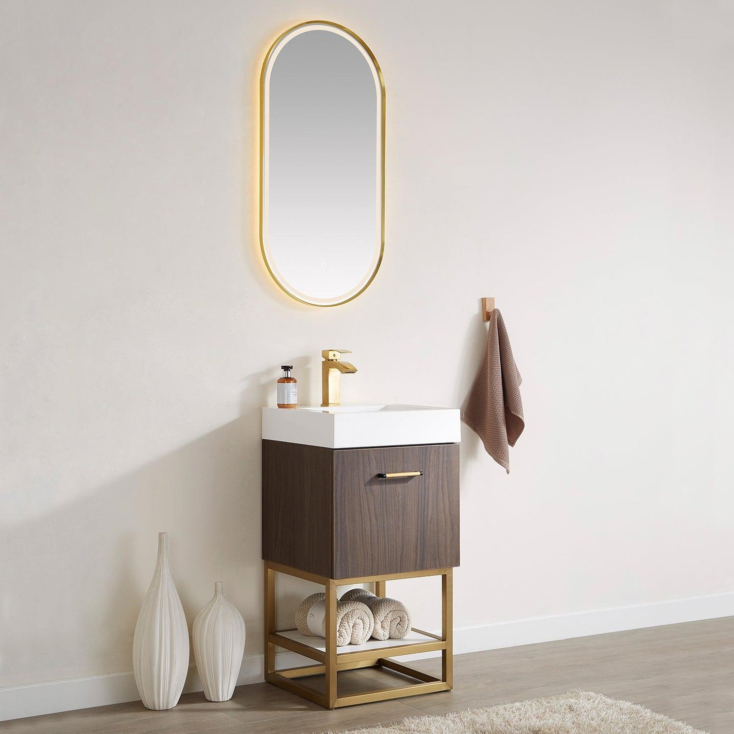 Vinnova Toledo 18" Single Sink Bath Vanity In Dark Walnut Finish With White Composite Integral Square Sink Top And Mirror