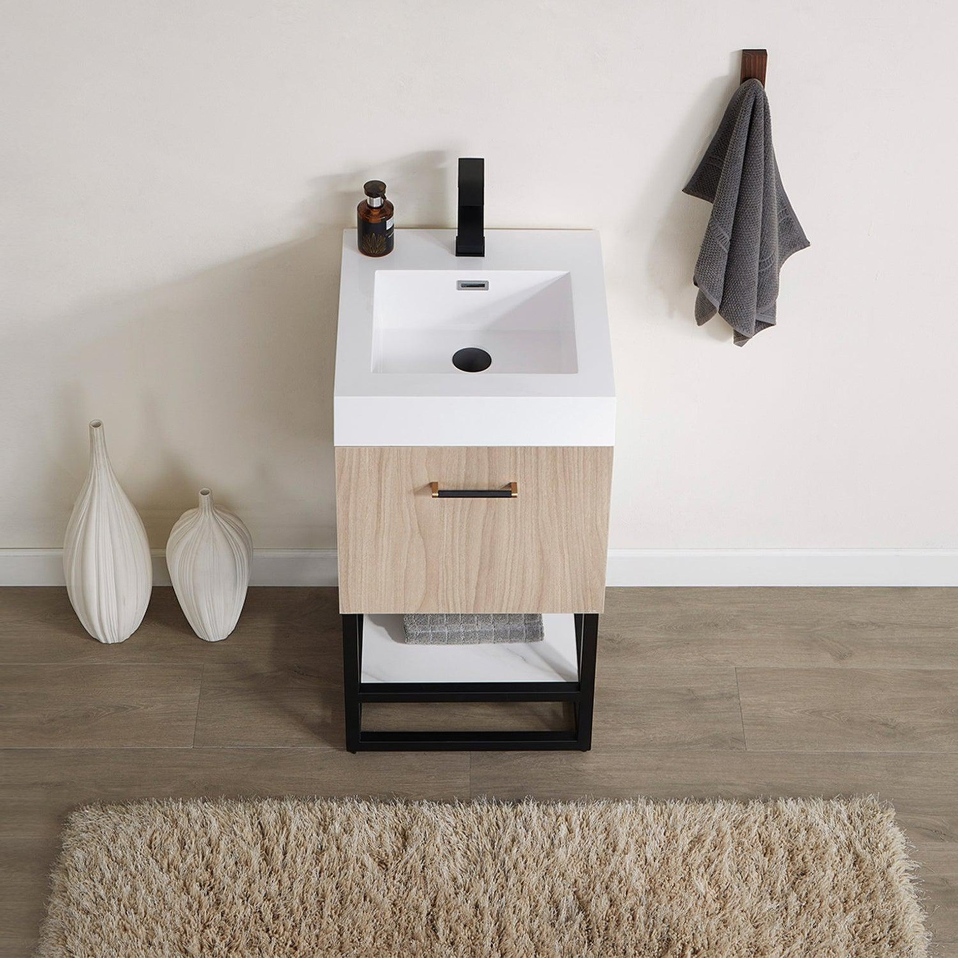 Vinnova Toledo 18" Single Sink Bath Vanity In Light Walnut Finish With White Composite Integral Square Sink Top