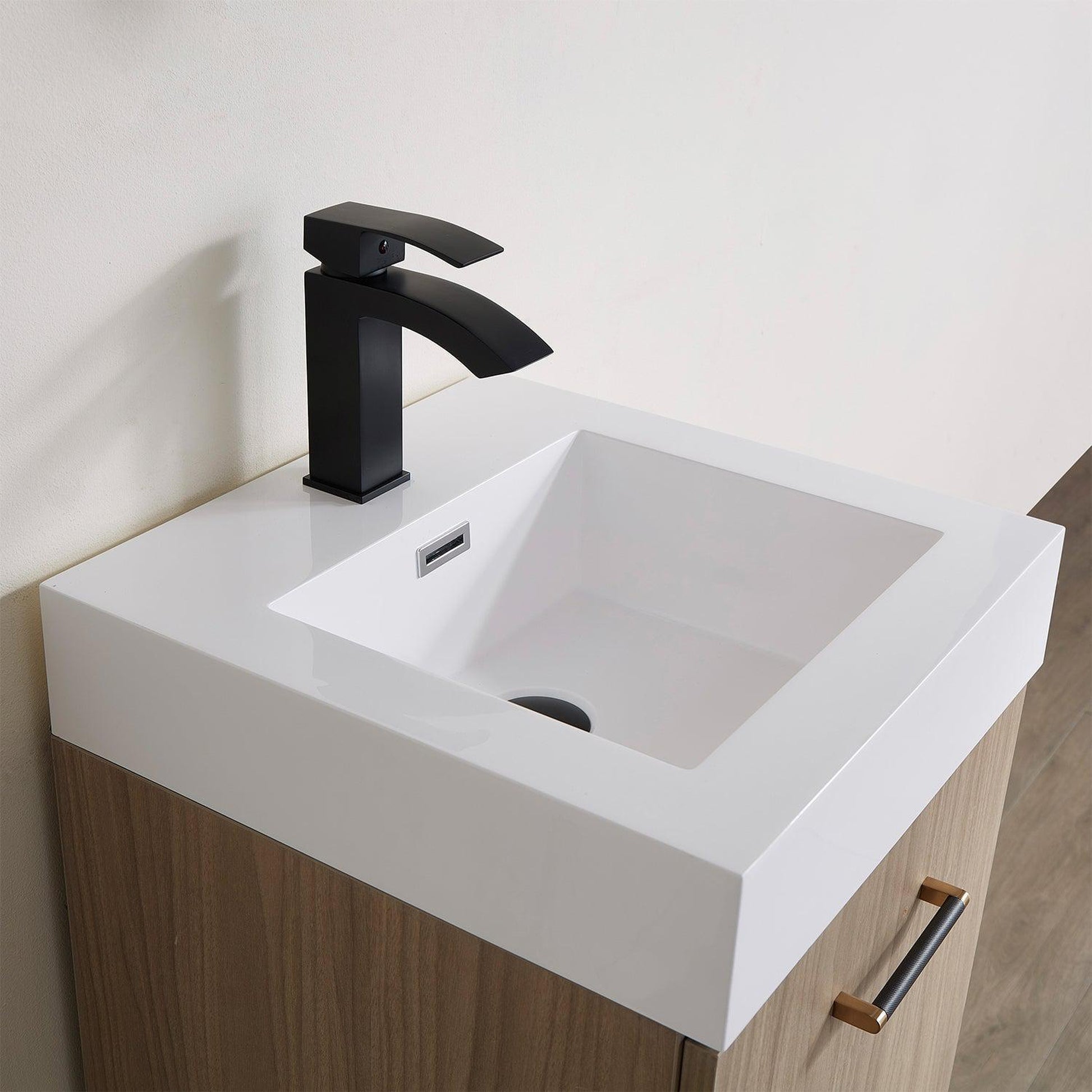 Vinnova Toledo 18" Single Sink Bath Vanity In Light Walnut Finish With White Composite Integral Square Sink Top