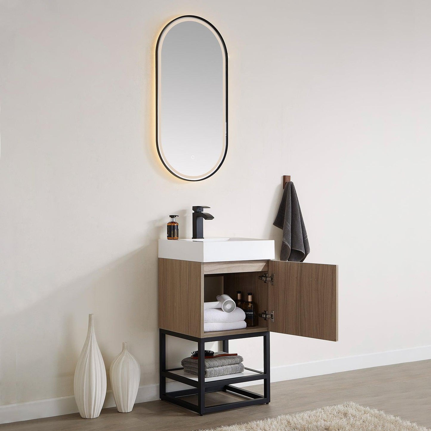 Vinnova Toledo 18" Single Sink Bath Vanity In Light Walnut Finish With White Composite Integral Square Sink Top And Mirror